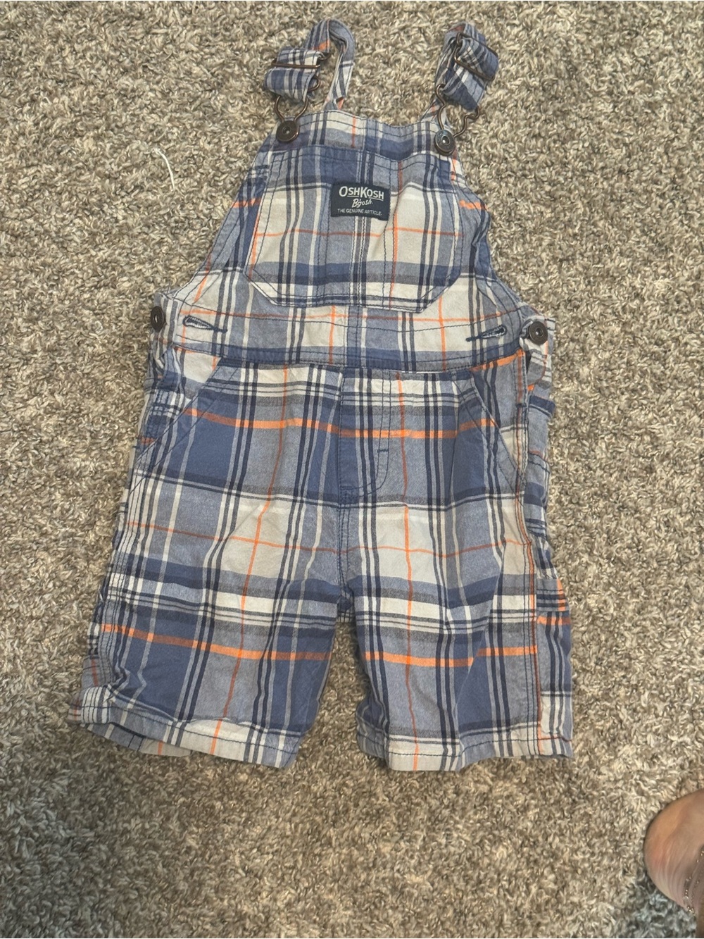 OshKosh B'gosh Blue Plaid Short Overalls with Orange Accents
